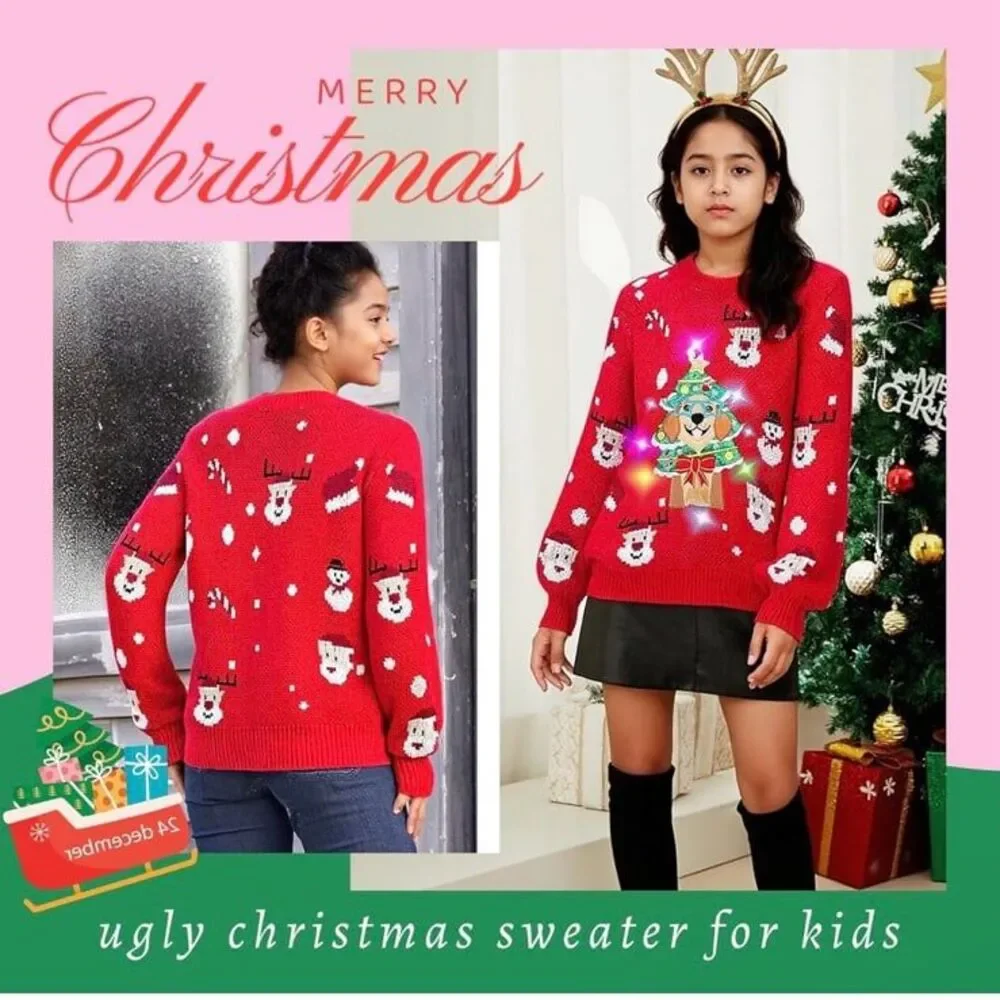 Unisex Kids Light Up Ugly Christmas Sweater  Funny Holiday Pullover - Cute NWT